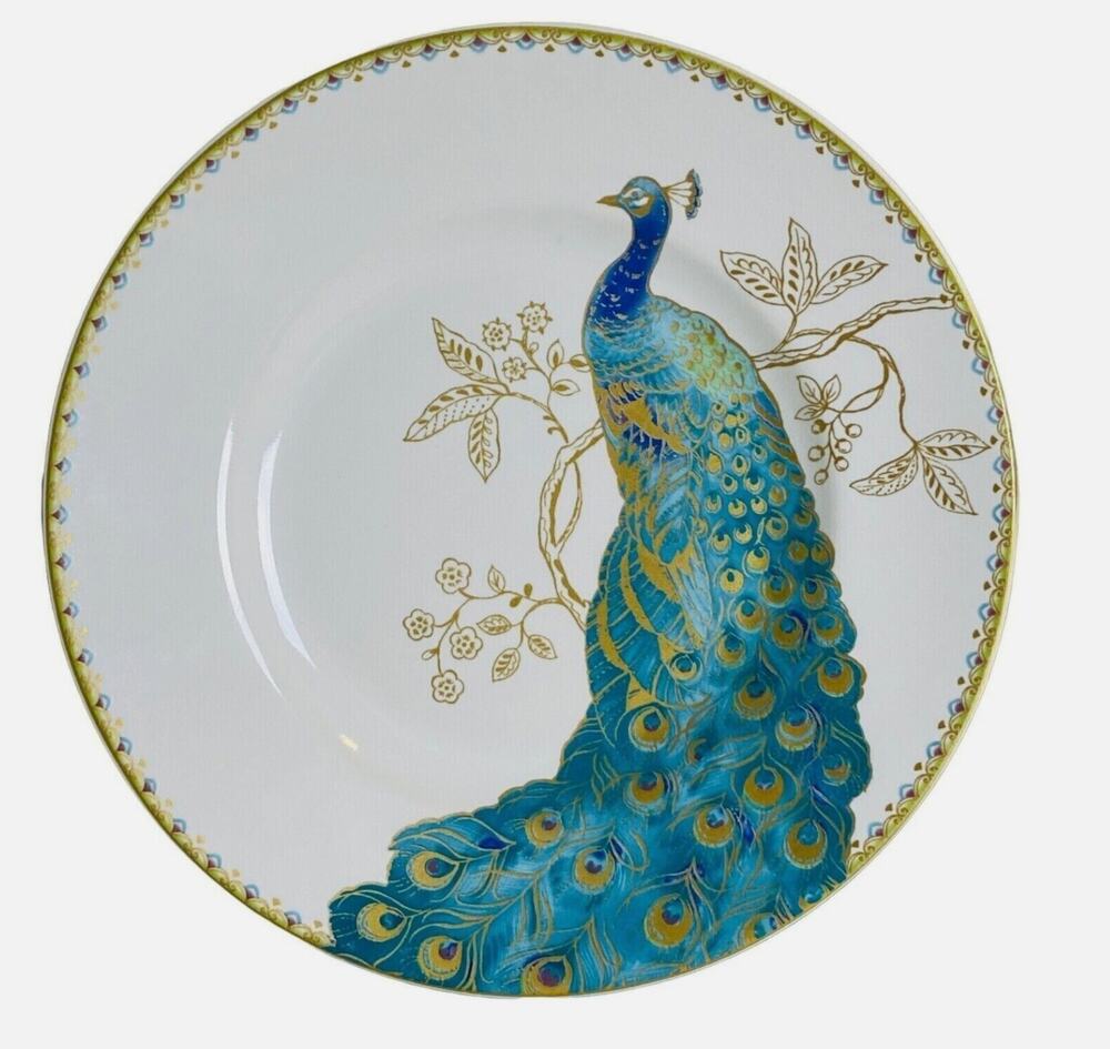 4pc 222 FIFTH Peacock Garden Porcelain Salad Plate Set Teal Gold Floral Scroll